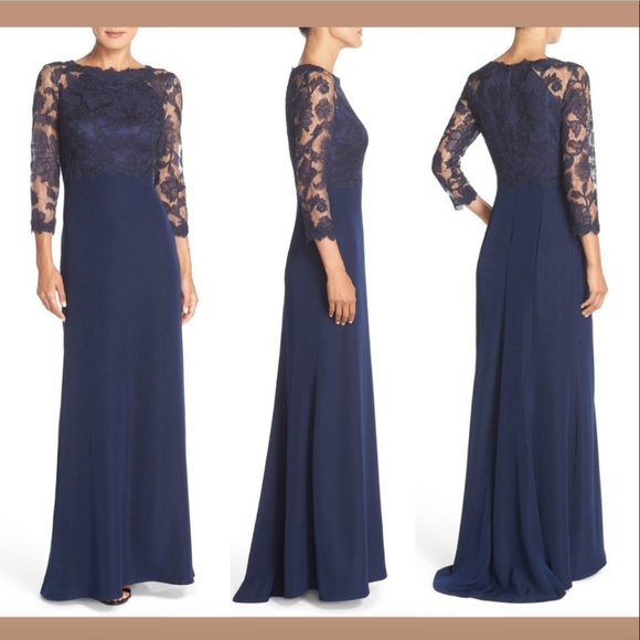 tadashi shoji navy blue lace gown